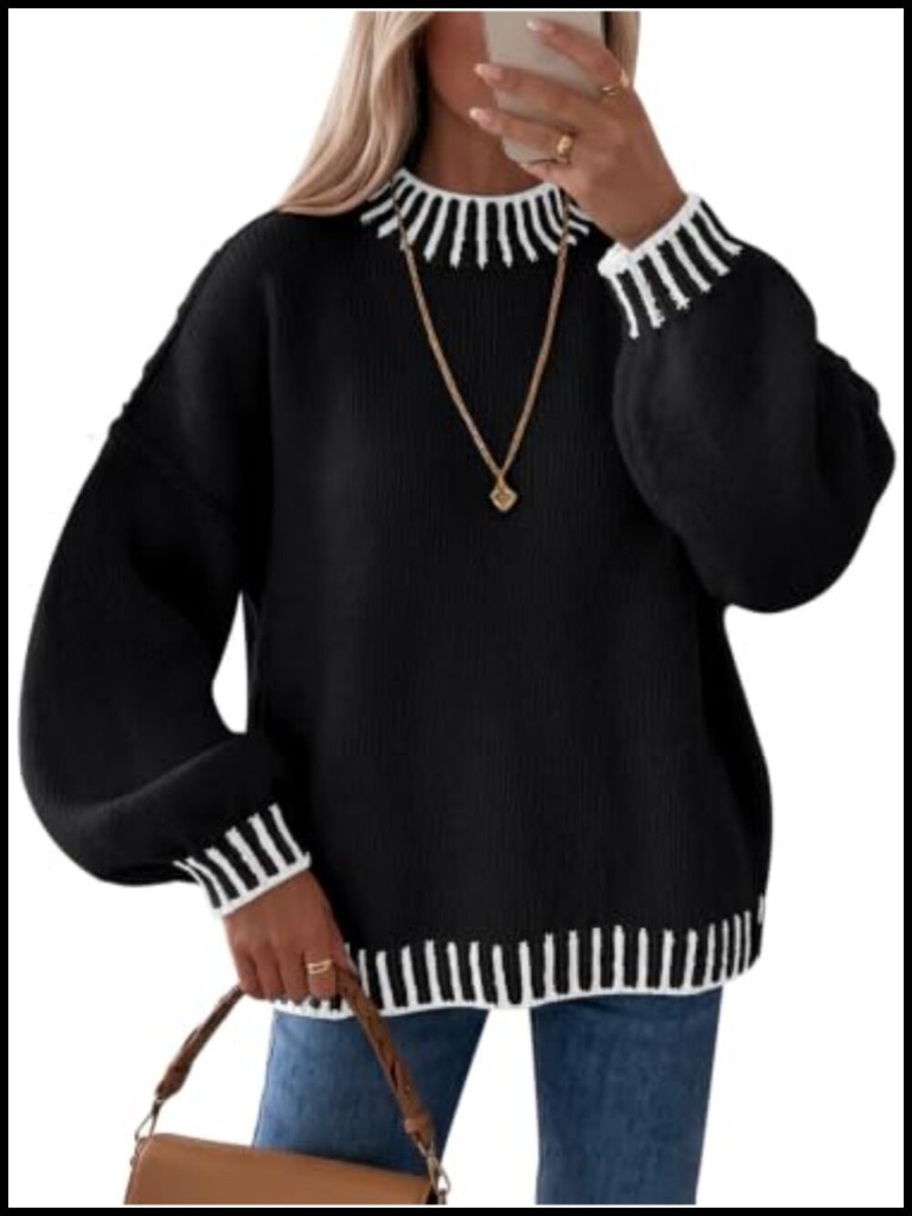 Chunky Mock Neck Sweater Lantern Sleeve Color Block Pullover